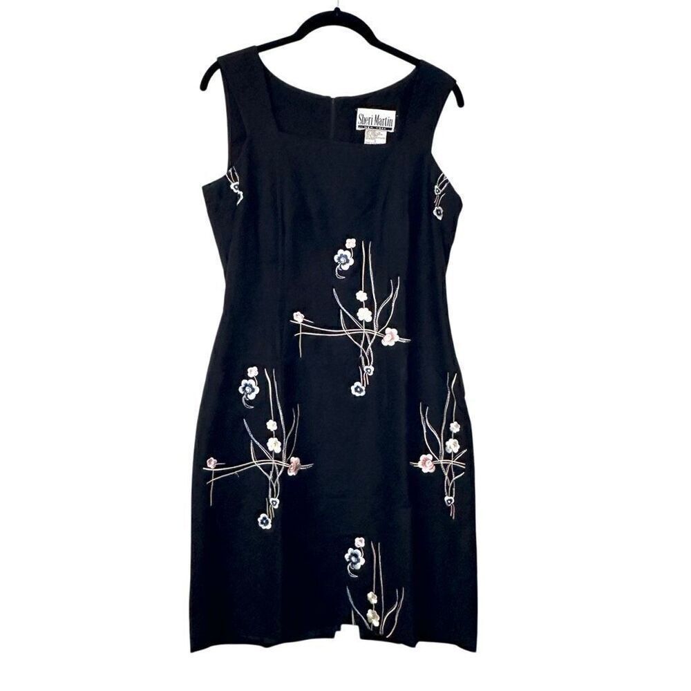 Sheri Martin Floral Linen Blend Embroidered Sleeveless Sheath Dress Black Size 4